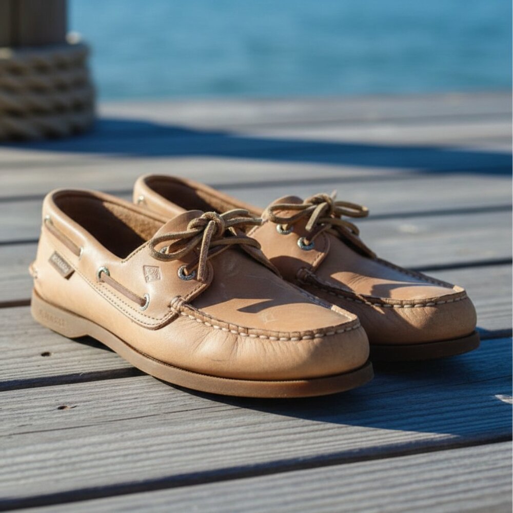 Sperry Top-Sider Men 10M Tan Leather Boat Shoes Classic 2-Eye Authentic Original